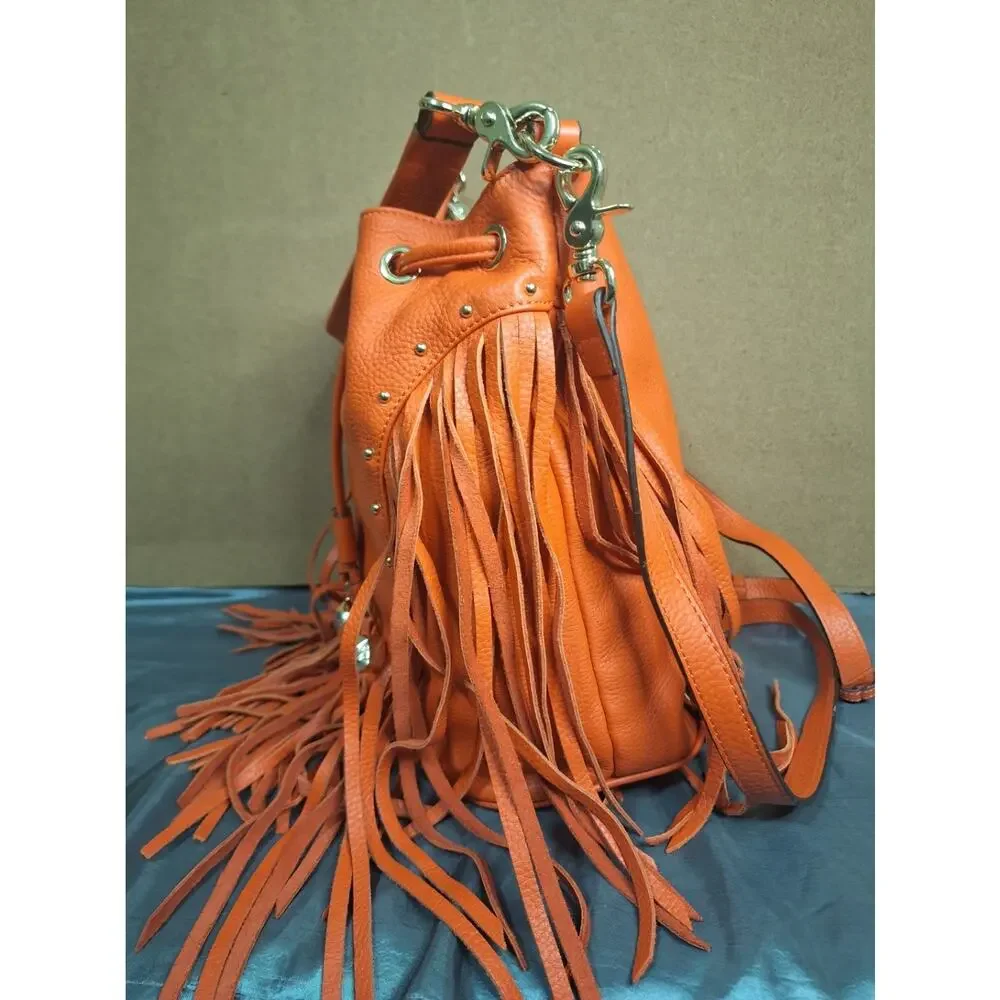 Dolce Vita Collection Womens Western Red Leather Backpack Bucket Purse W/Fringes